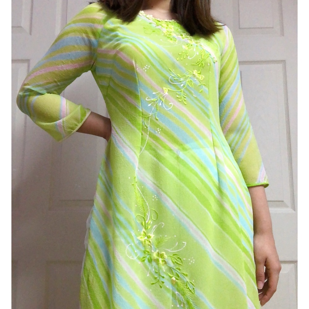 Striped Green Traditional Vietnamese Ao Dai Dress